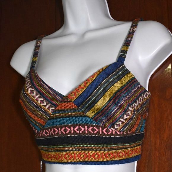 Forever 21 Patchwork Crop Top Size Small Multicolor Adjustable Straps Boho - Picture 2 of 15